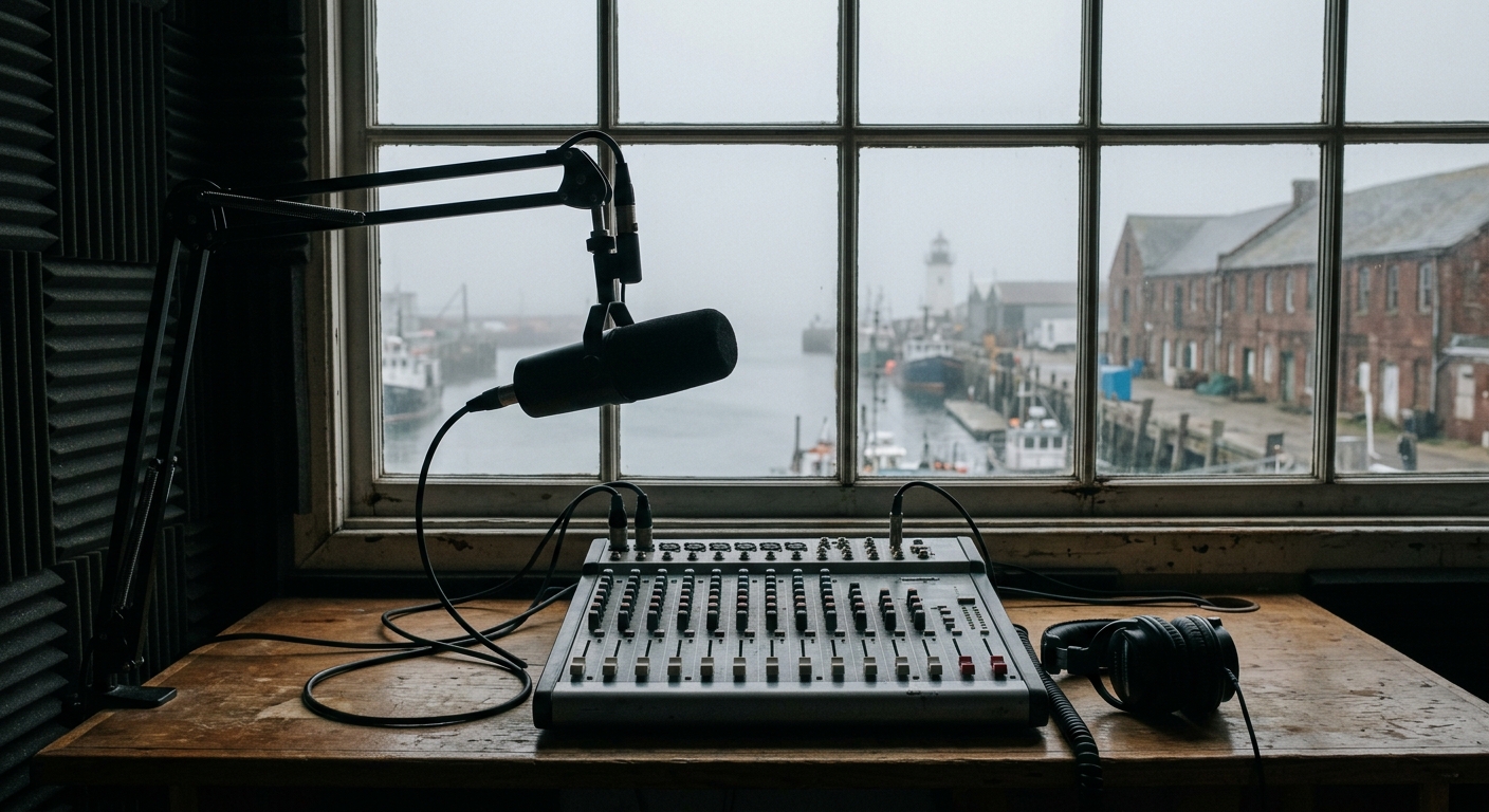a professional broadcasting microphone, audio mixing console, and headphones resting on a desk in a broadcast booth, with a window in the background looking out