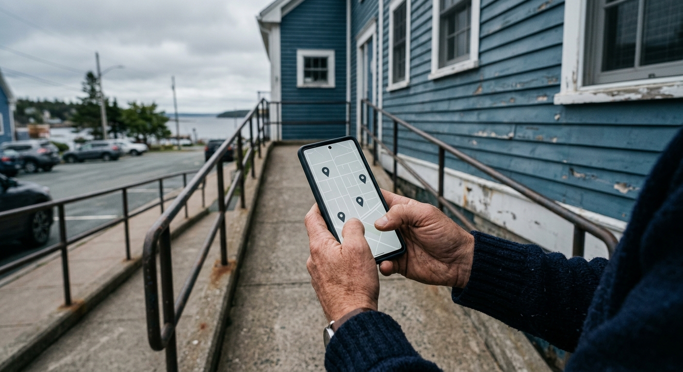 an everyday person's hands holding a smartphone displaying a blank digital street map with location pins, standing next to a concrete wheelchair ramp outside a