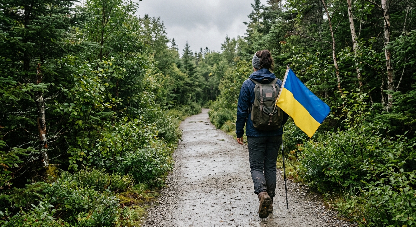 a female hiker walking away down a flat, crushed-stone trail bordered by dense green trees and maritime shrubs, carrying a solid blue and yellow flag attached t