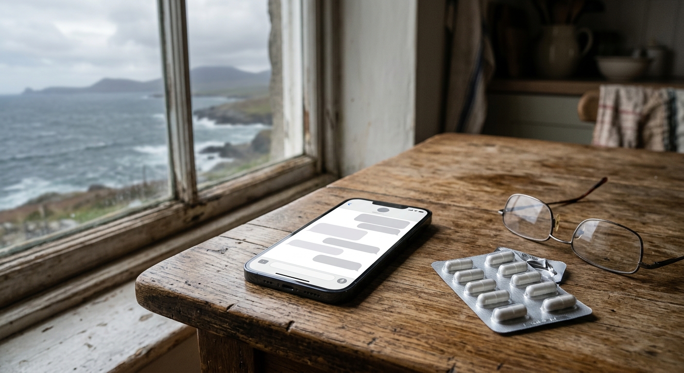 a smartphone displaying generic blank chat bubbles resting on a rustic wooden kitchen table, next to a blister pack of medication and a pair of reading glasses,