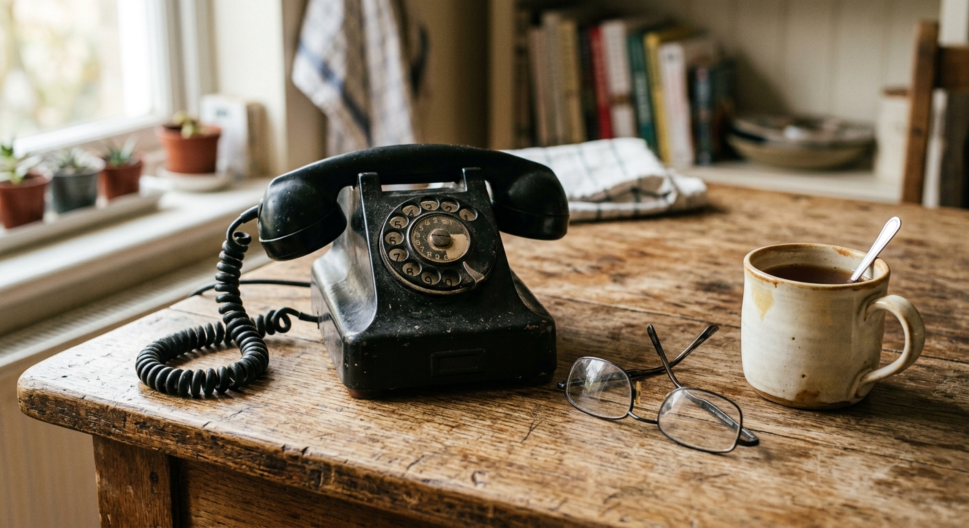 an old landline telephone and a pair of reading glasses resting on a worn wooden kitchen table next to a ceramic mug, natural everyday lighting, shot on a DSLR