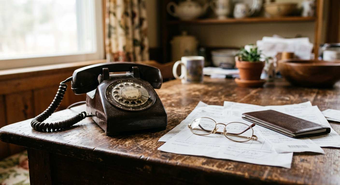 an older, traditional landline telephone resting on a worn wooden kitchen table next to scattered banking documents and wire-rimmed reading glasses, natural eve