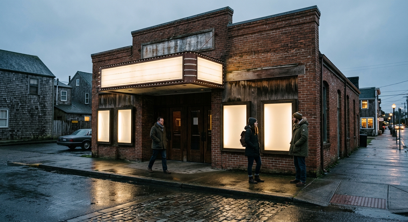 an old brick movie theater on a damp street with coastal maritime architecture, featuring blank illuminated poster cases and a few patrons in thick coats standi