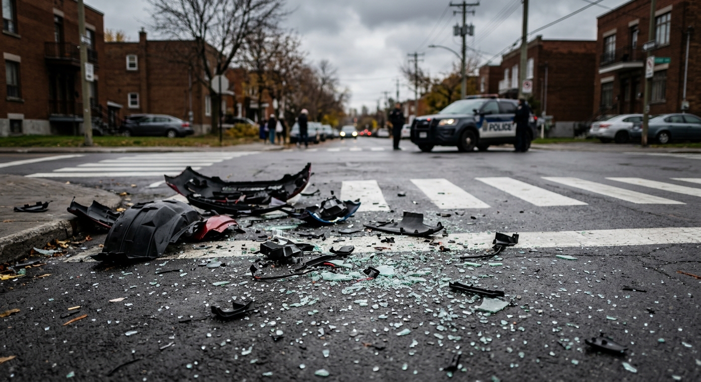 scattered plastic vehicle debris and shattered glass on street asphalt near a crosswalk, with a blurred police vehicle parked in the distance on an overcast day