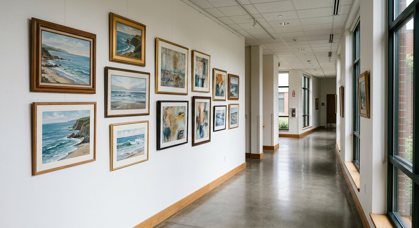 a quiet hallway in a public building featuring a collection of framed coastal landscape and abstract paintings hanging on a plain white wall, natural everyday l