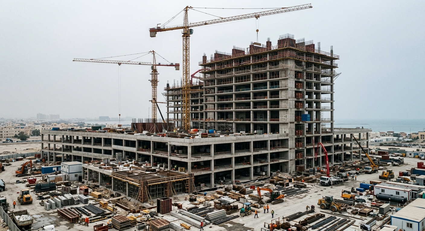 a massive hospital construction site showing a partially completed multi-storey concrete and steel high-rise tower, tall construction cranes, exposed rebar, and