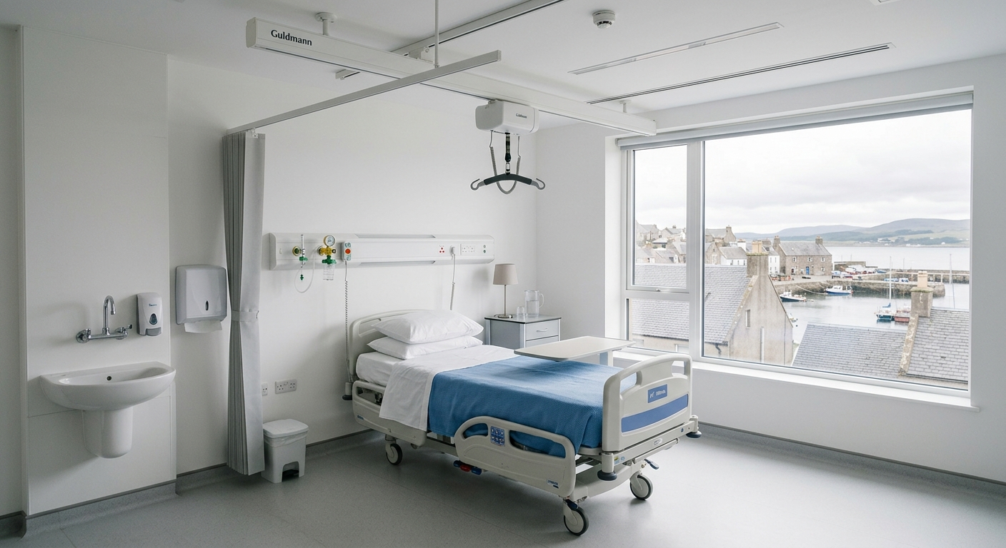 an empty, modern hospital acute care room featuring a freshly made mechanical bed, a ceiling-mounted patient hoist, and clean white walls, with a window looking
