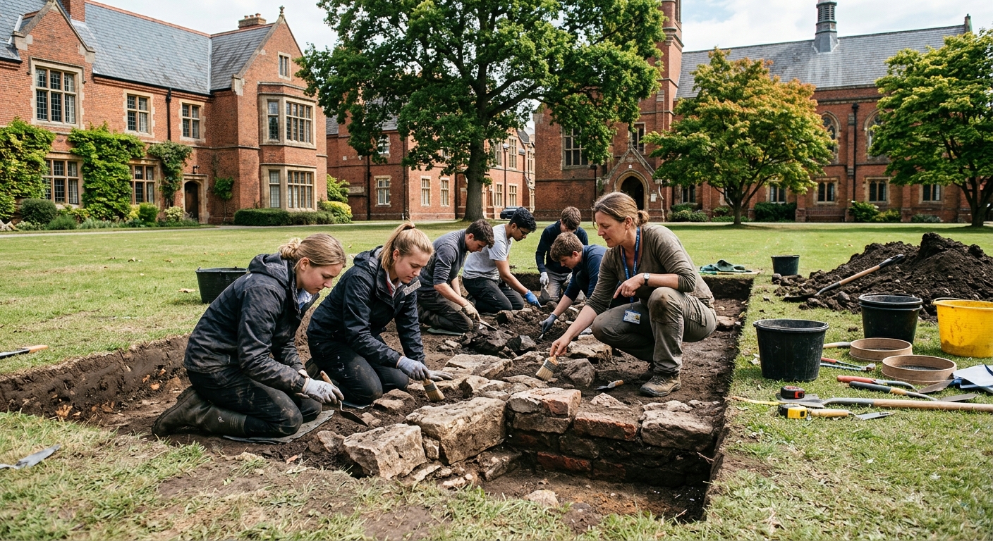 university students and instructors working in a shallow archaeological test pit on a grassy campus lawn, using small trowels and brushes to carefully excavate