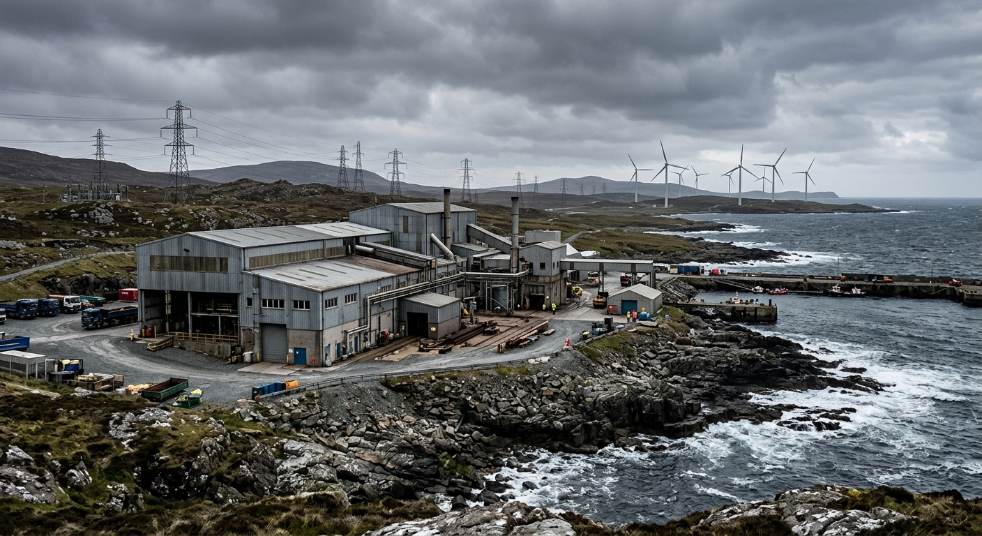 a large industrial metal building near a rocky, rugged coastline under an overcast sky, with tall electrical transmission lines and modern wind turbines visible