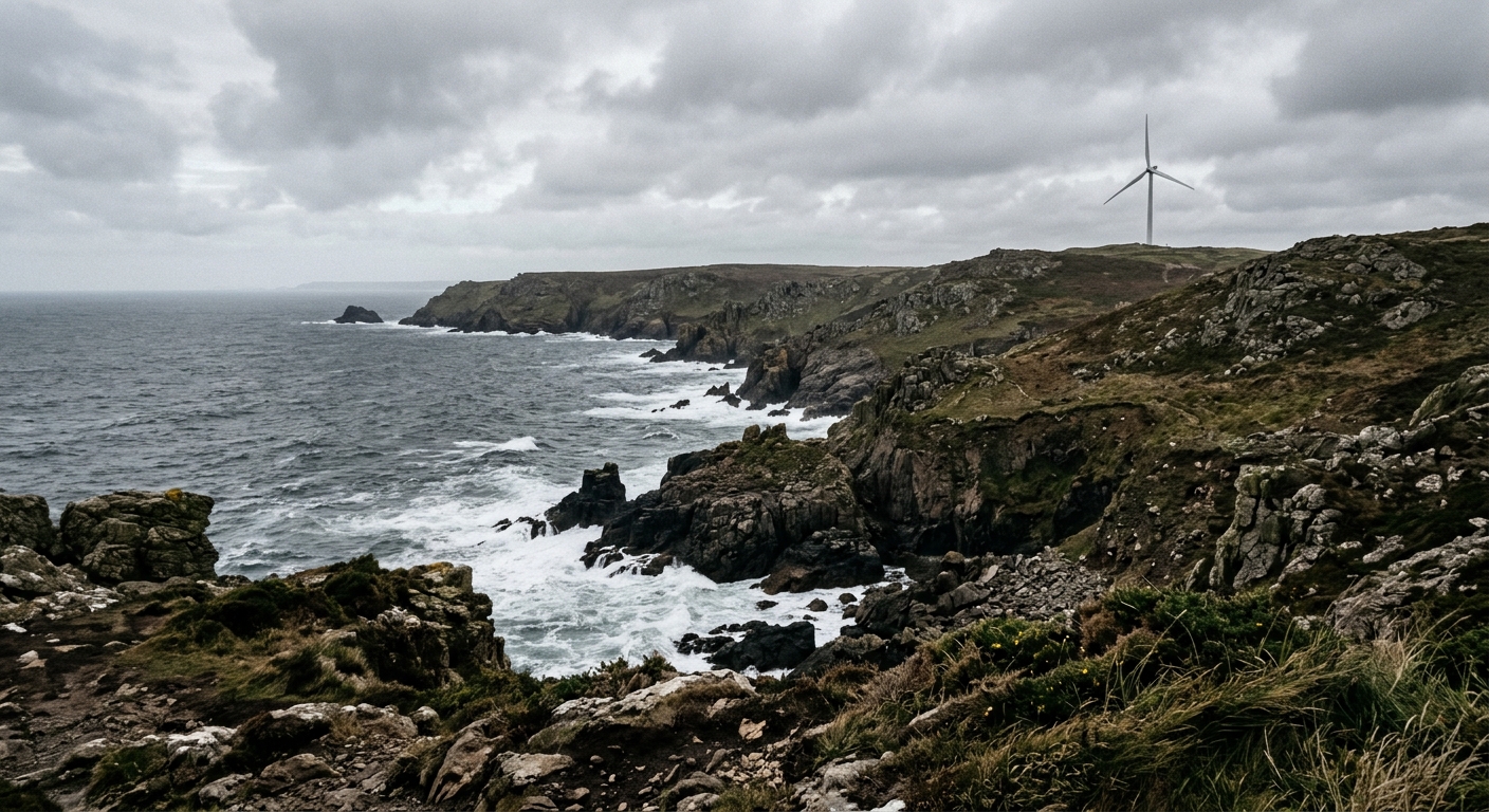 a rugged, rocky coastal landscape with sparse vegetation and a single large wind turbine in the distance under a grey overcast sky, natural everyday lighting, s