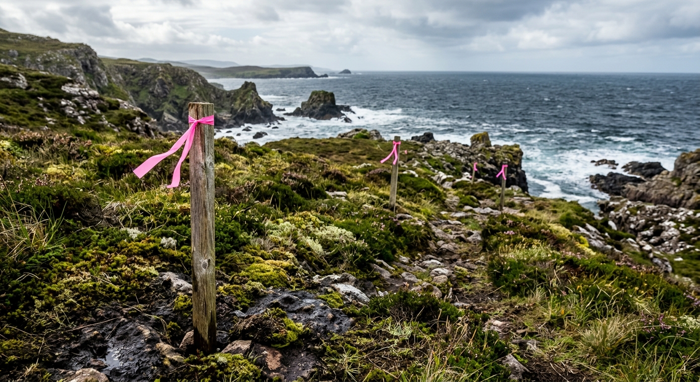 wooden survey stakes with pink ribbons driven into a rugged, moss-covered coastal landscape with the ocean in the background, natural everyday lighting, shot on