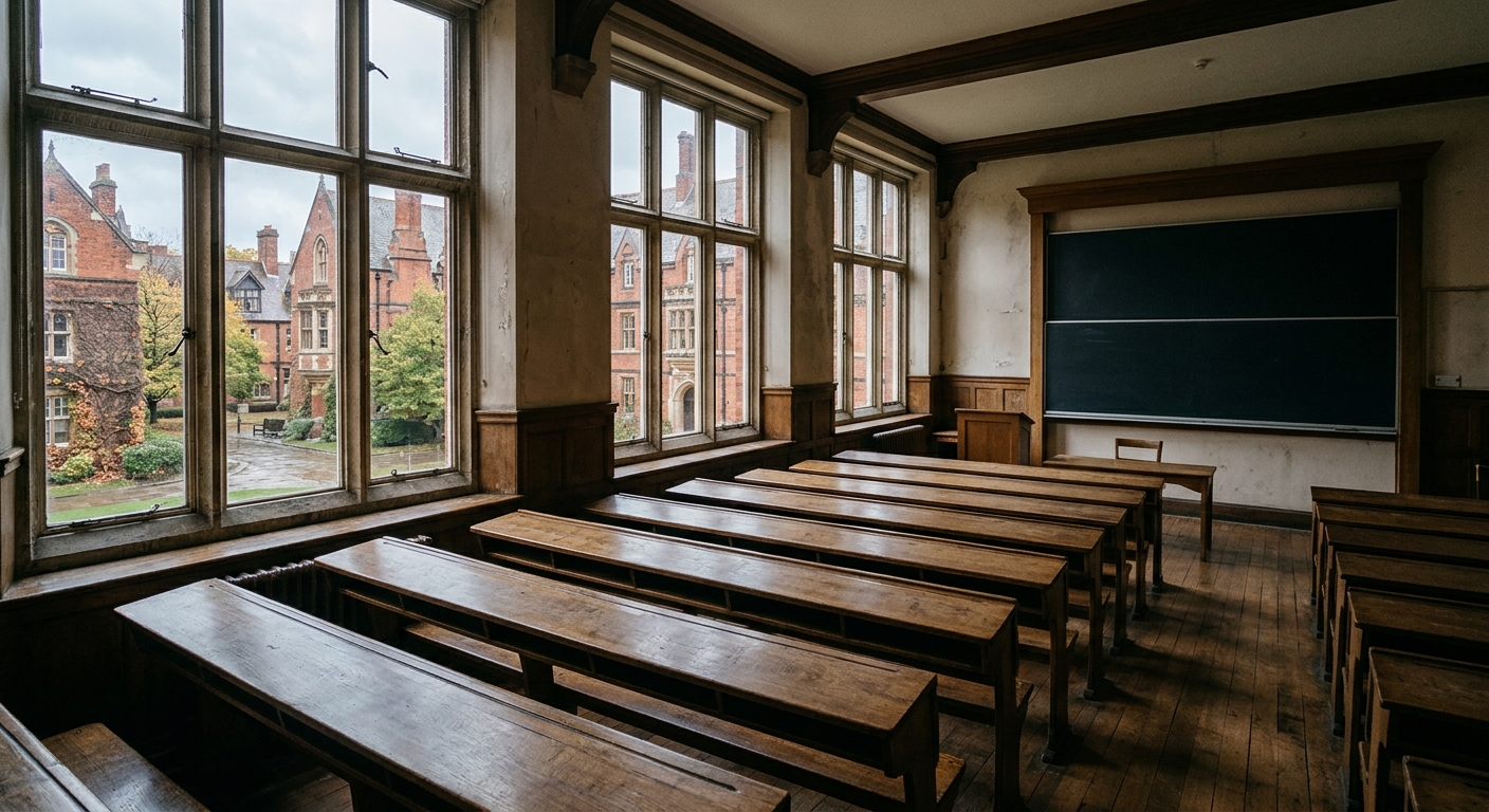 an empty traditional university classroom featuring rows of wooden desks, a blank chalkboard, and large windows looking out at historic red brick campus buildin