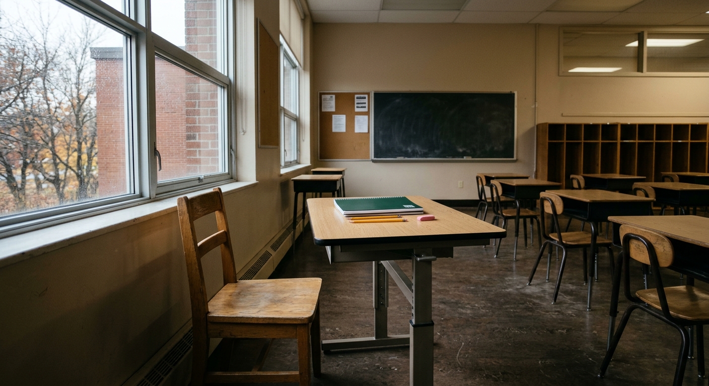 an empty classroom inside a traditional public school, featuring a vacant wheelchair-accessible desk alongside a simple wooden chair meant for a support worker,