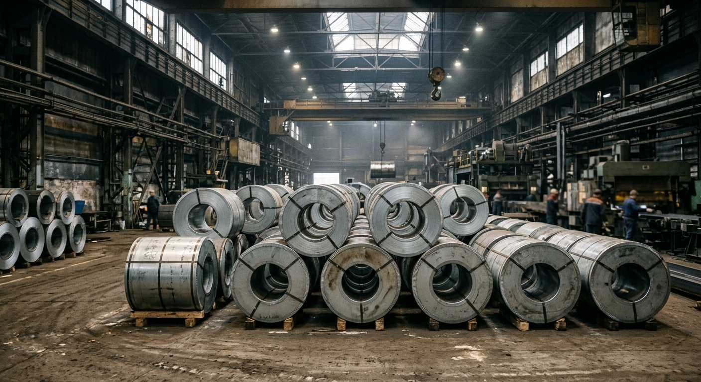 large heavy coils of galvanized sheet metal stacked inside a sprawling industrial steel manufacturing plant, dust particles in the cold air, heavy factory equip