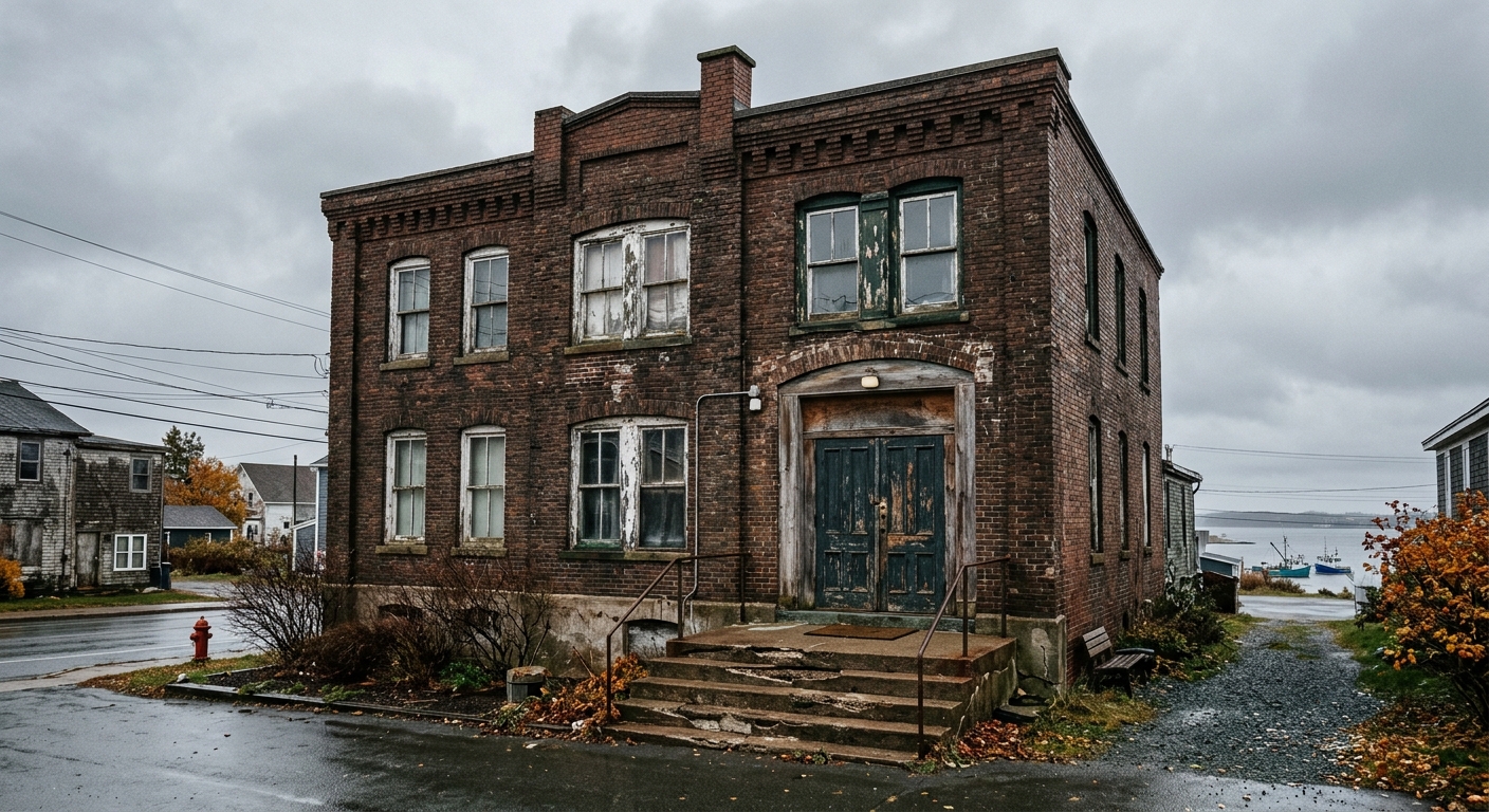 an aging, weathered brick municipal building with slightly peeling window trim and a worn concrete entrance, reflecting older coastal Canadian architecture on a