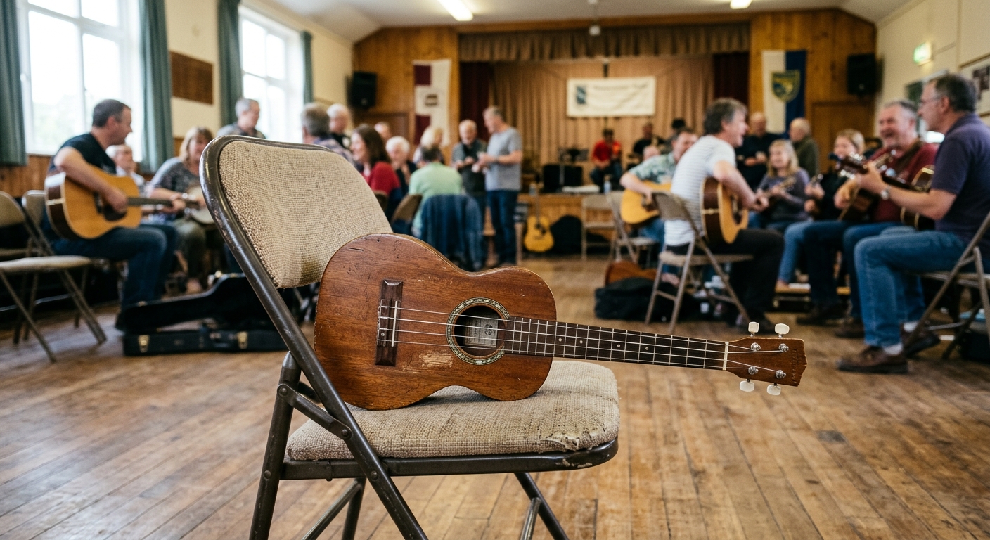 an old wooden acoustic ukulele resting on a folding chair in a modest community hall, with blurred figures of people holding string instruments in the backgroun