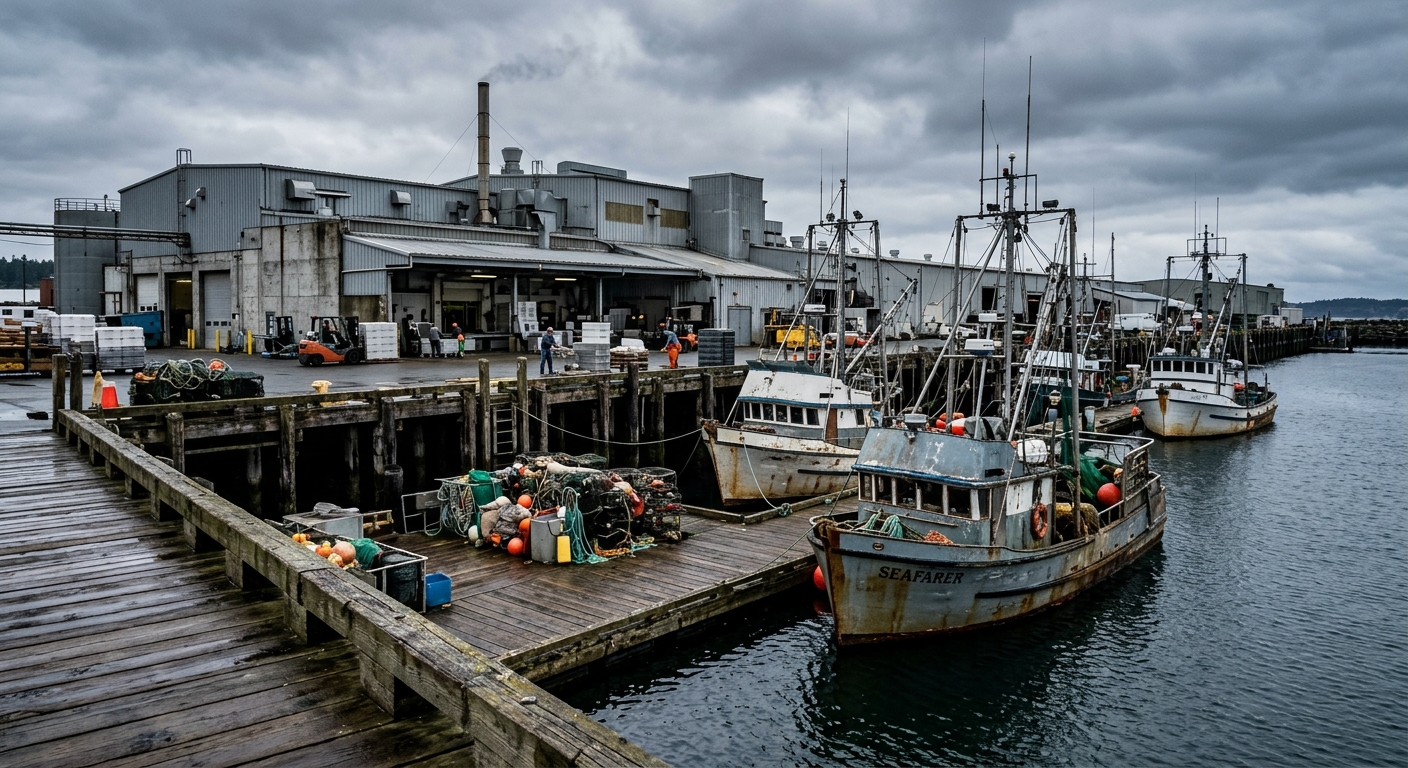 a commercial fishing harbor with several moored trawler boats alongside a large industrial seafood processing facility, featuring weathered wooden docks and a c