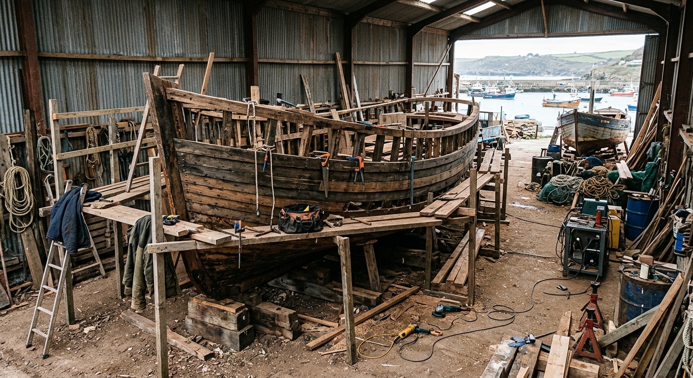 a partially constructed fishing boat resting on wooden blocks inside a rustic coastal boatyard, with scaffolding and industrial tools nearby, natural everyday l