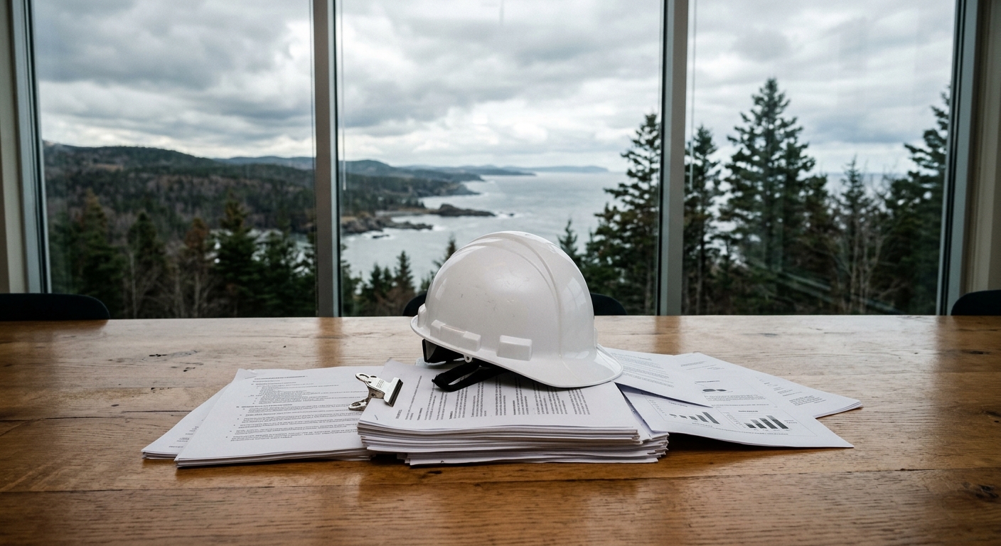 a white safety hard hat sitting on top of a stack of printed business documents on a large wooden boardroom table, with a view of a cloudy coastal landscape and