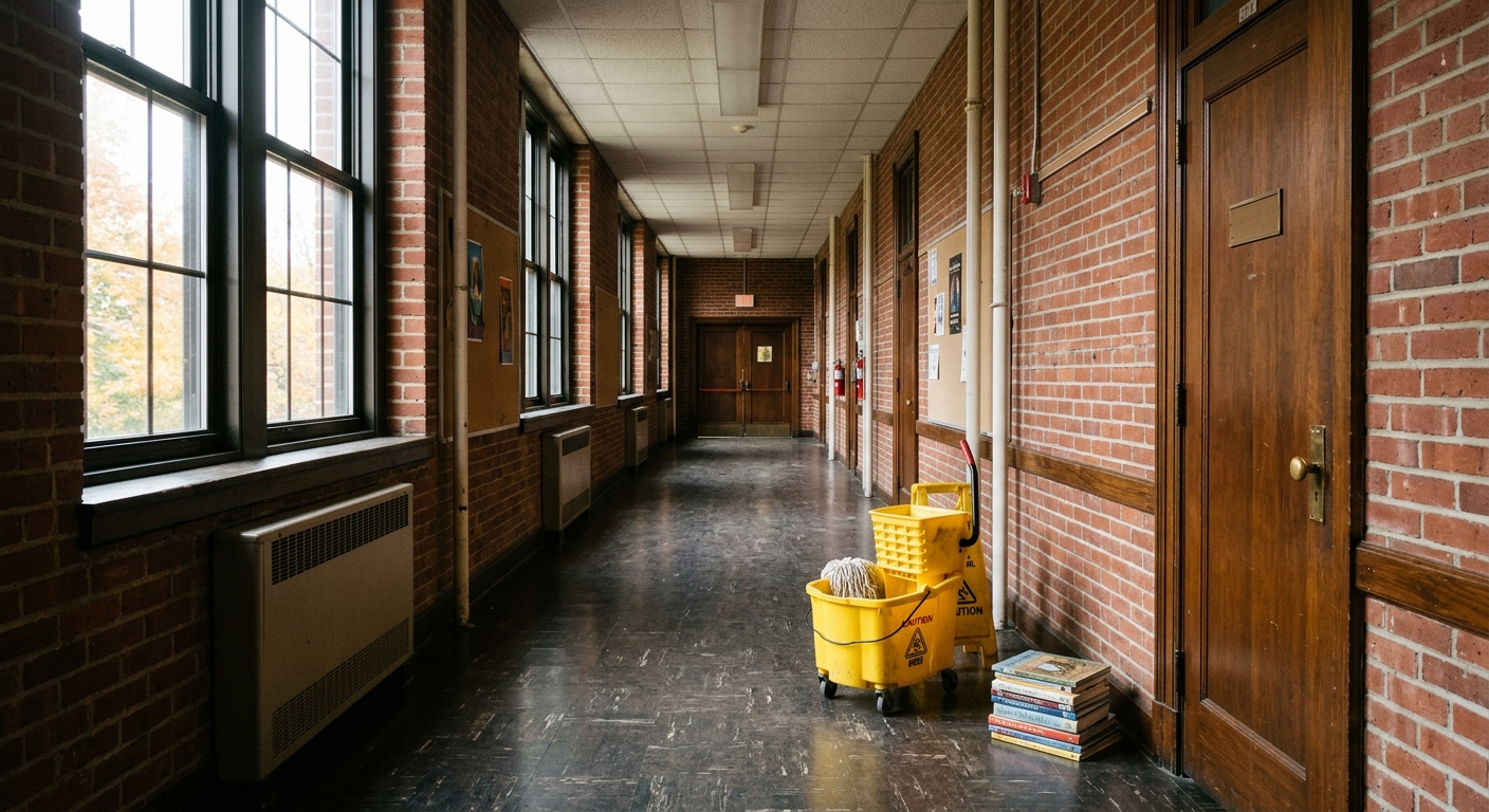 an empty school hallway inside a traditional red brick public school, with a yellow mop bucket and a stack of children's library books left unattended near a cl