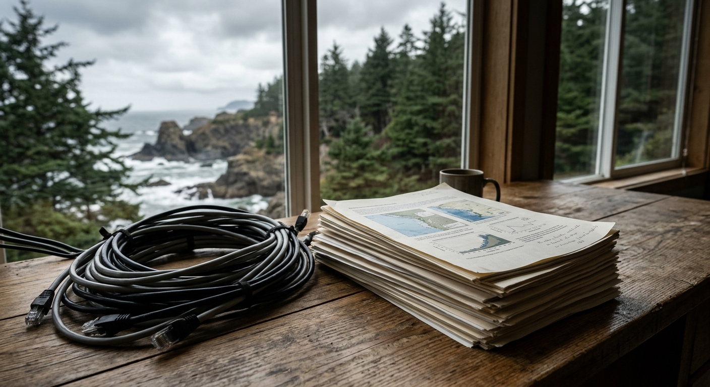 thick computer server cables and a stack of printed environmental reports resting on a wooden desk, with a background window showing a rugged, rocky coastline a