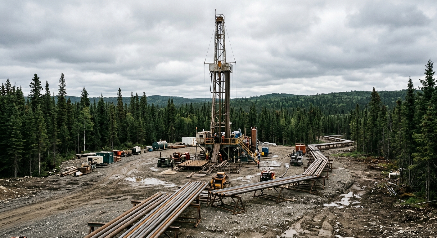 an industrial drilling rig and metal pipelines situated in a dirt clearing surrounded by dense evergreen forests under a cloudy overcast sky, natural everyday l