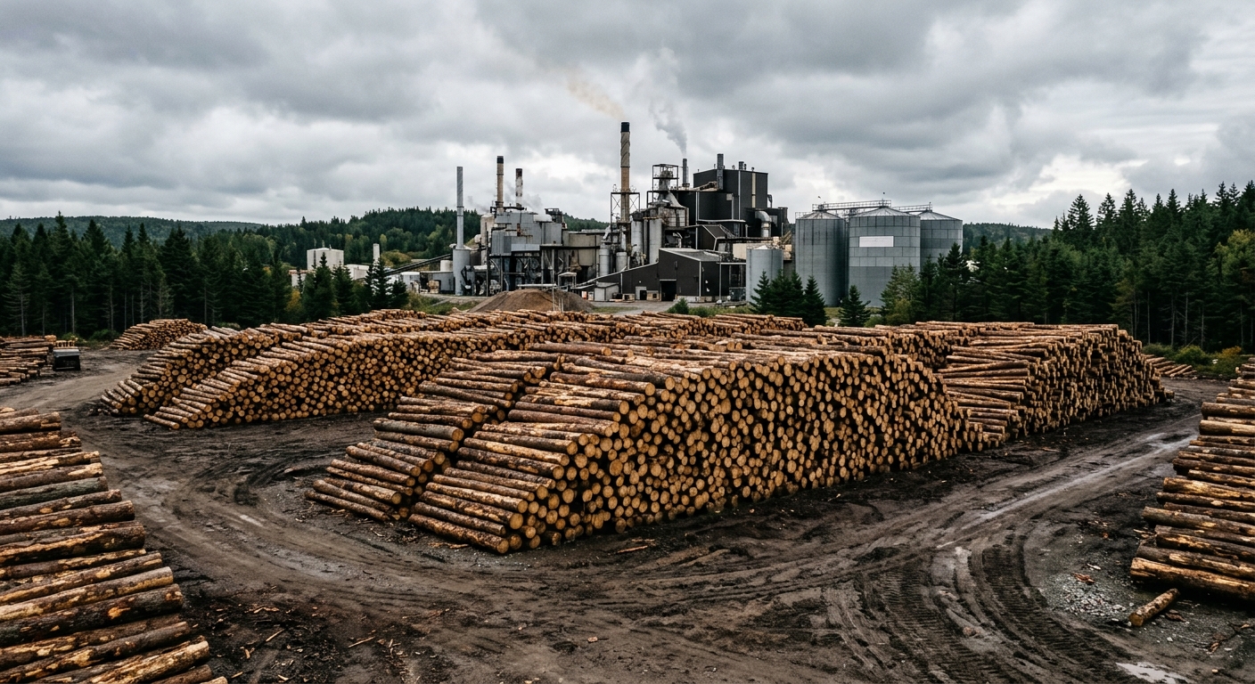 massive stacks of harvested pine logs sitting in a dirt clearing, with a large, quiet industrial pulp mill facility featuring metal silos and smokestacks in the