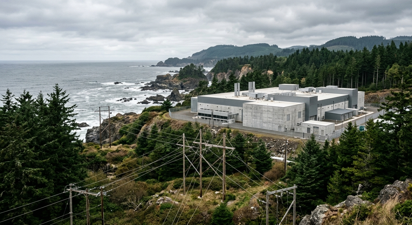 a large modern data center building situated next to a rugged rocky coastline with dense evergreen trees and high-voltage power lines in the foreground, under a